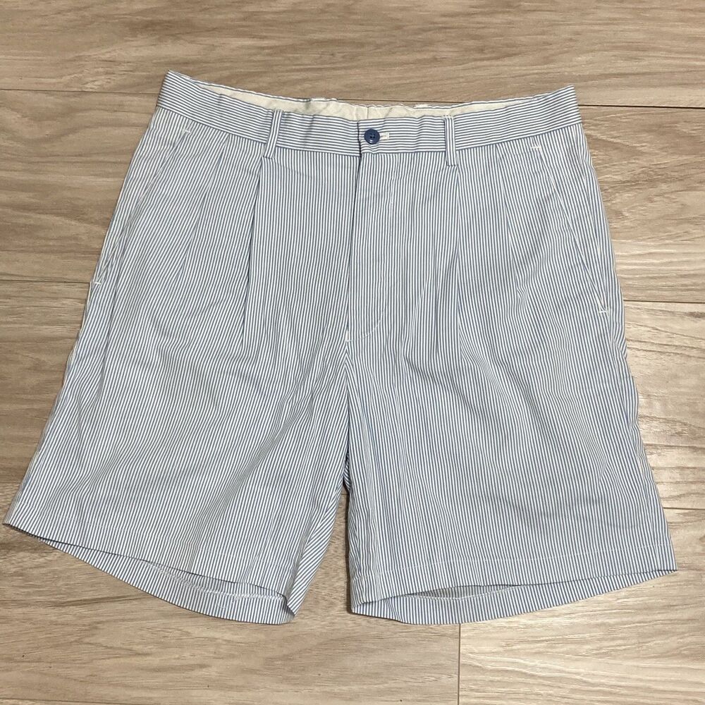 Alan Flusser Mens Blue Pinstripe Size 32 Chino Shorts Pleated 100% Cotton